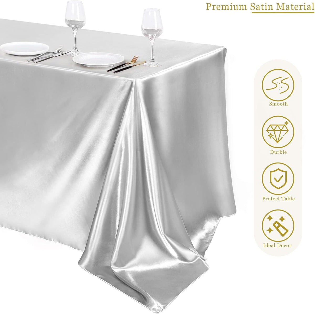 TURSTIN 4 Packs Silver Satin Tablecloth 102 x 58 Inch Overlay Satin Table Cover Rectangle Bright