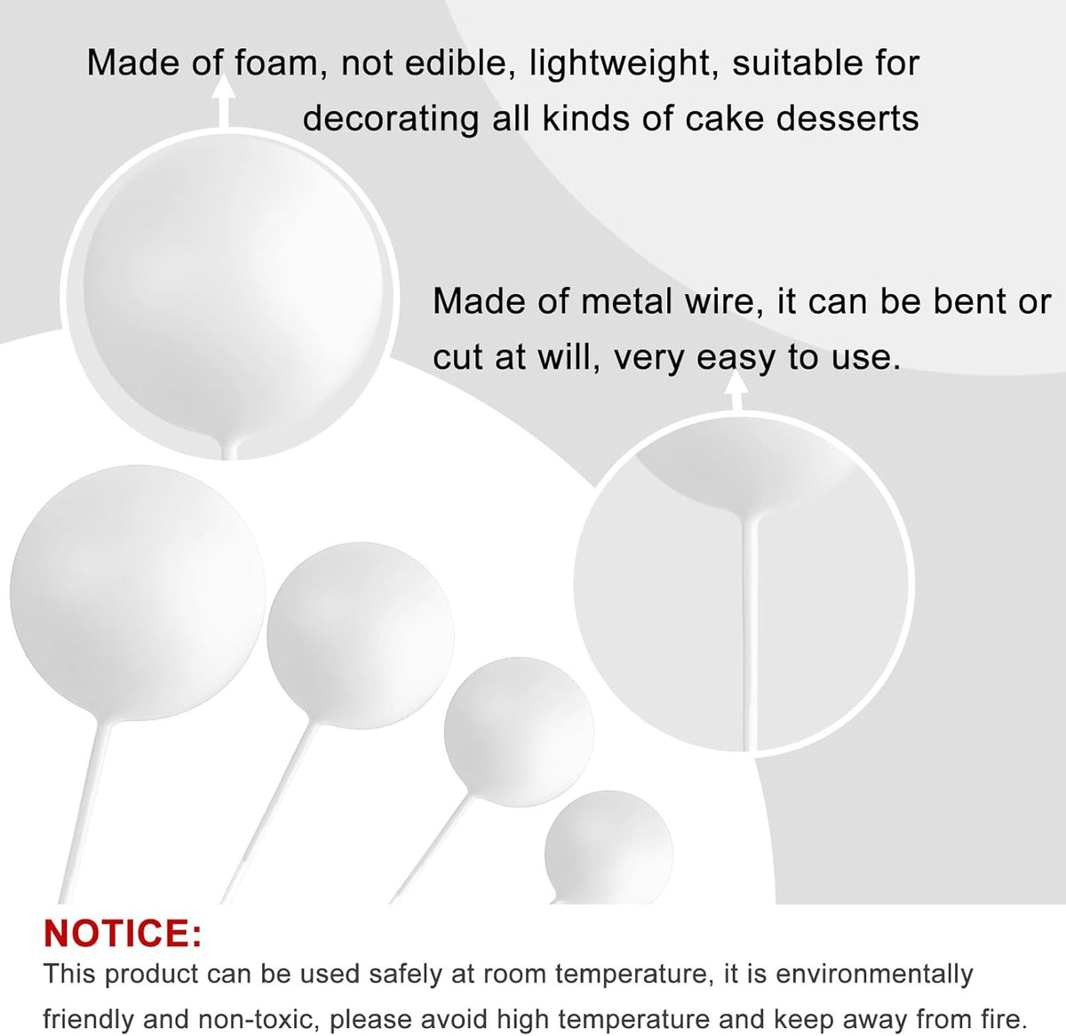 ASTARON 20 Pcs Ball Cake Topper Decorations Mini Balloons Cake Topper Sticks White Balls Cake Picks