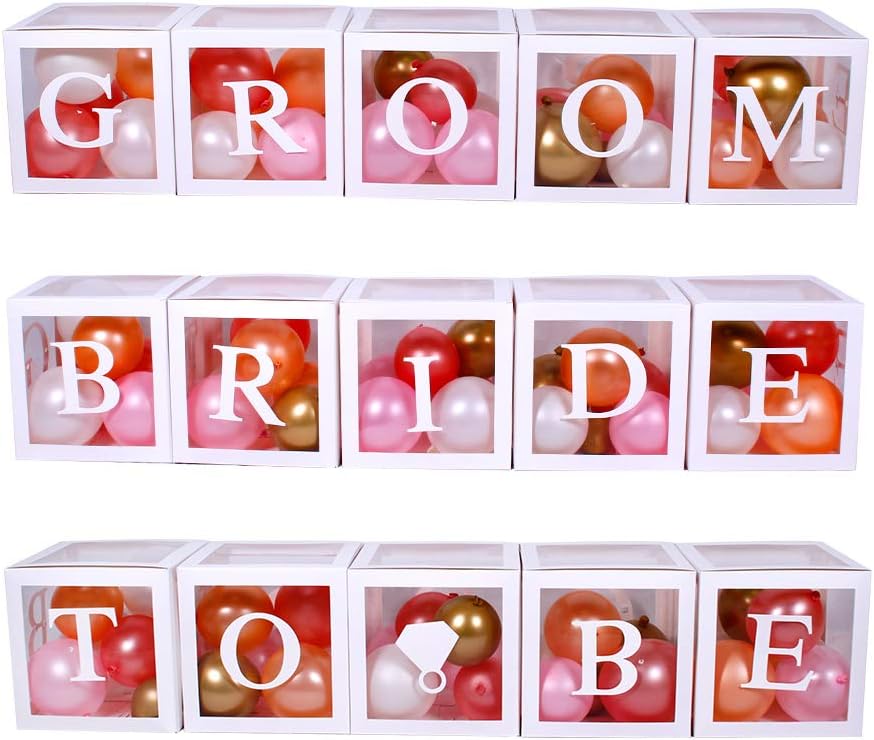 96 PC Bridal Shower Decorations Balloon Boxes White- Transparent Block with BRIDE TO BE + GROOM + A