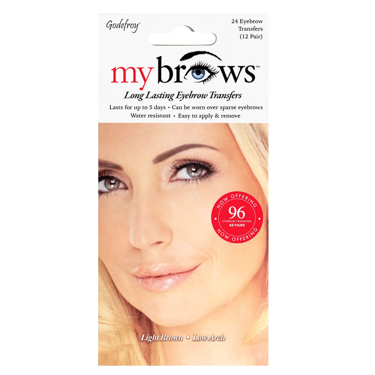Godefroy MyBrows Long Lasting Eyebrow Transfers, Low Arch, Light Brown, 48-Pairs of Brows (96