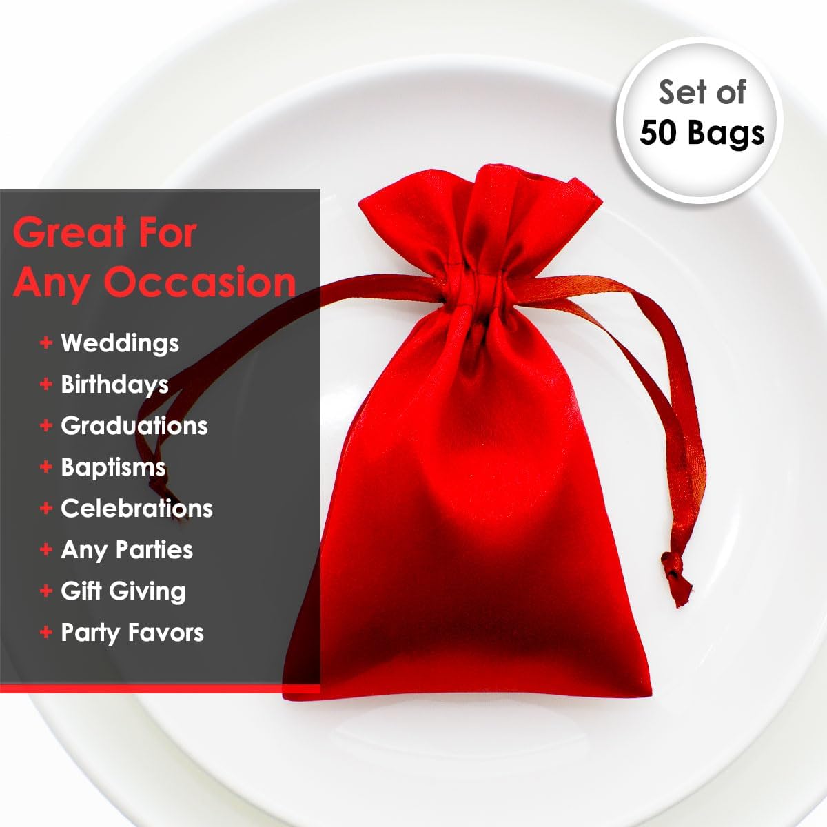 Red Satin Gift Bags - Jewelry, Wedding Favor, Baby Shower & Bags - 50 Pack (5" x 8")