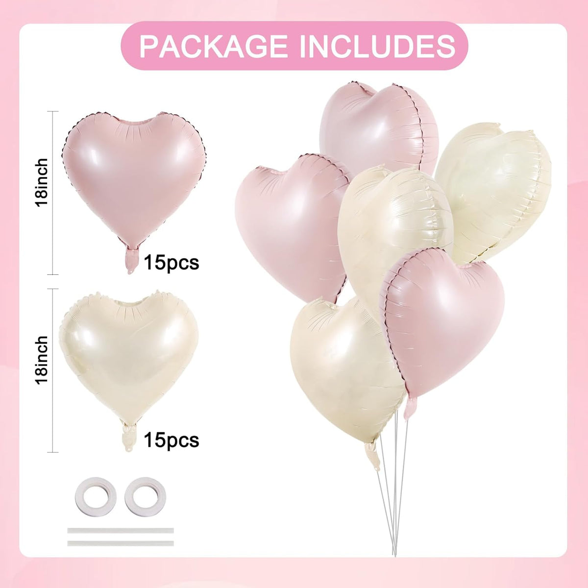 TONIFUL 30Pcs 18 Inch Pastel Pink Cream White Heart Balloons Valentine’s Day Heart Shape Foil Mylar