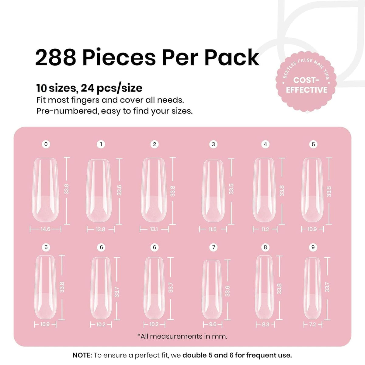 Beetles Gel Nail Tips Long Square 10 Sizes, 288Pcs Pre Shaped Half Matte Press On Nails Gelly Tips