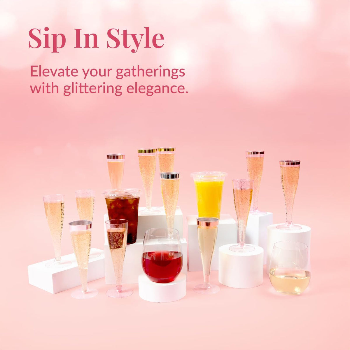Prestee 200 Disposable Champagne Flutes Gold Glitter Glasses - 4.5 Oz Plastic Champagne Cups for