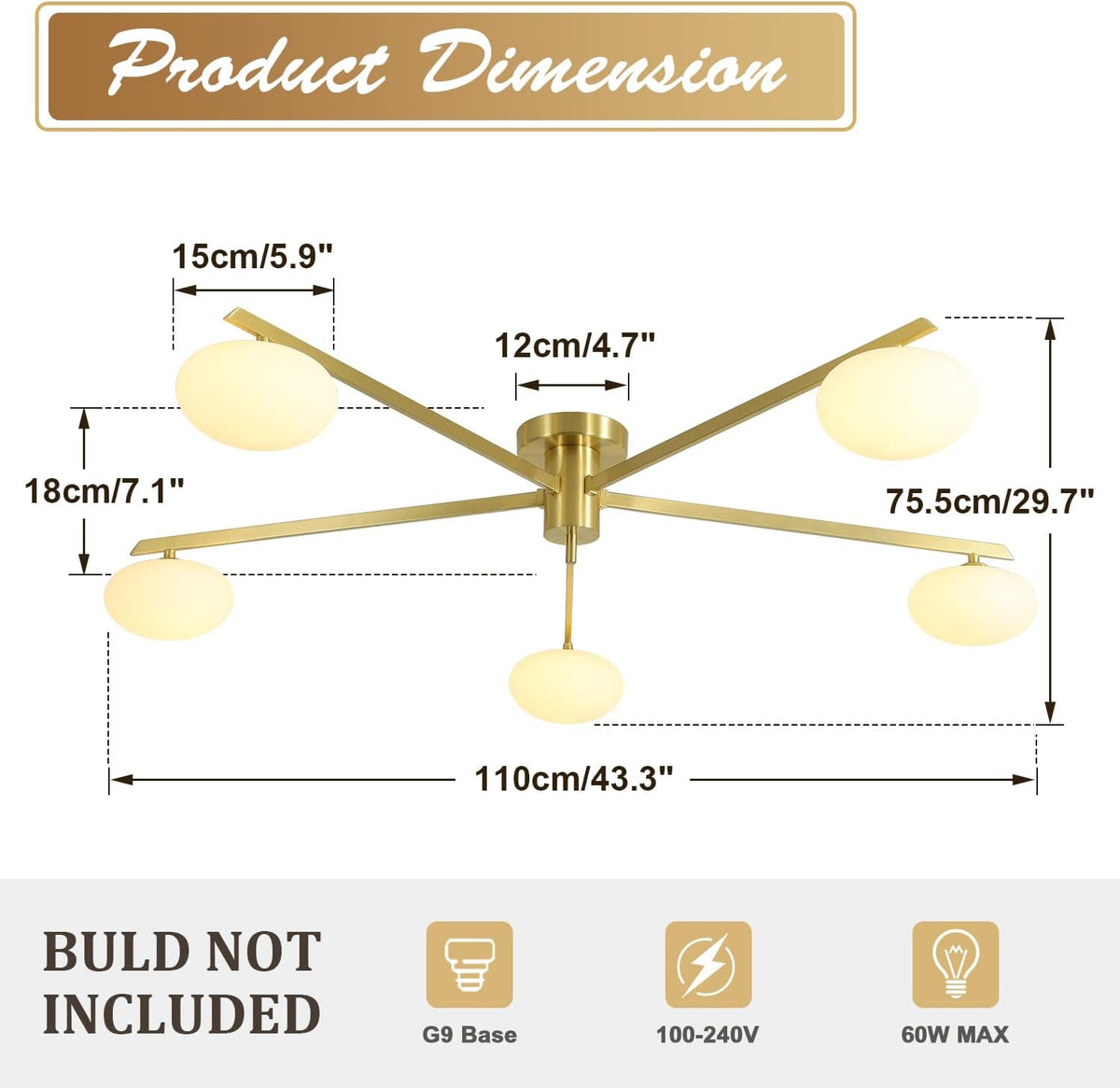 5 Lights Industrial Semi Flush Mount Ceiling Light Fixture Gold Modern Sputnik Chandelier Ceiling