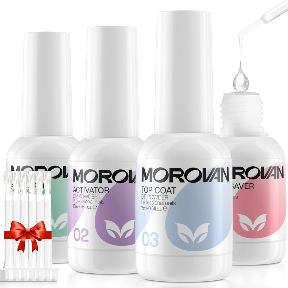 Morovan Dip Powder Liquid Set with Activator Base Top Coat and Dipping Powder Brush Saver 4pcs
