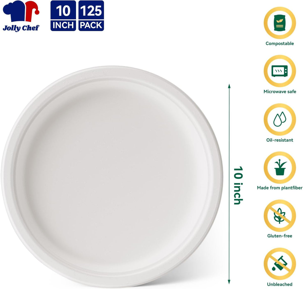 JOLLY CHEF Compostable Heavy Duty Plates 𝟭𝟬 𝗜𝗻𝗰𝗵 [𝟭𝟮𝟱 𝗣𝗮𝗰𝗸] Eco-Friendly Disposable