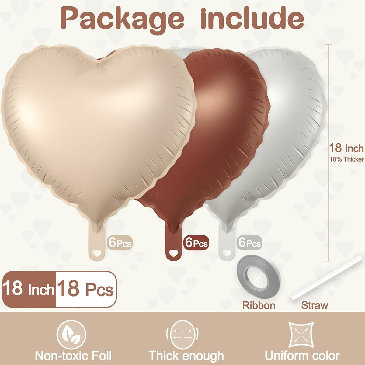 18 Pcs Heart Balloons, 18 Inch Brown Beige White Sand Heart Shaped Foil Balloons for Wedding