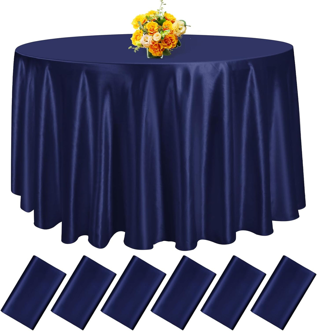 fani 6 Pack 108 Inch Navy Blue Satin Tablecloth - Premium Bright Silky Round Tablecloth Overlay