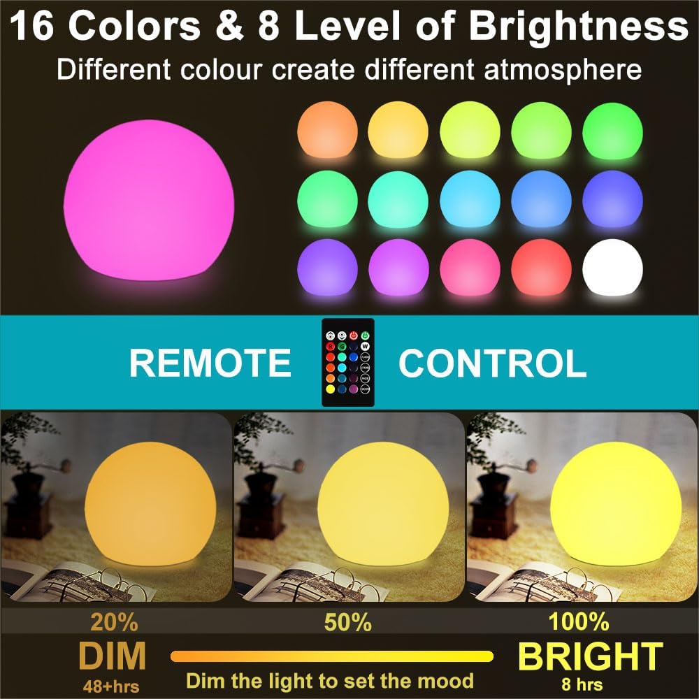 8-in LED Glowing Ball Light for Kid, 16 RGB Color Changing Globe Orb Night Light Mood Lamp