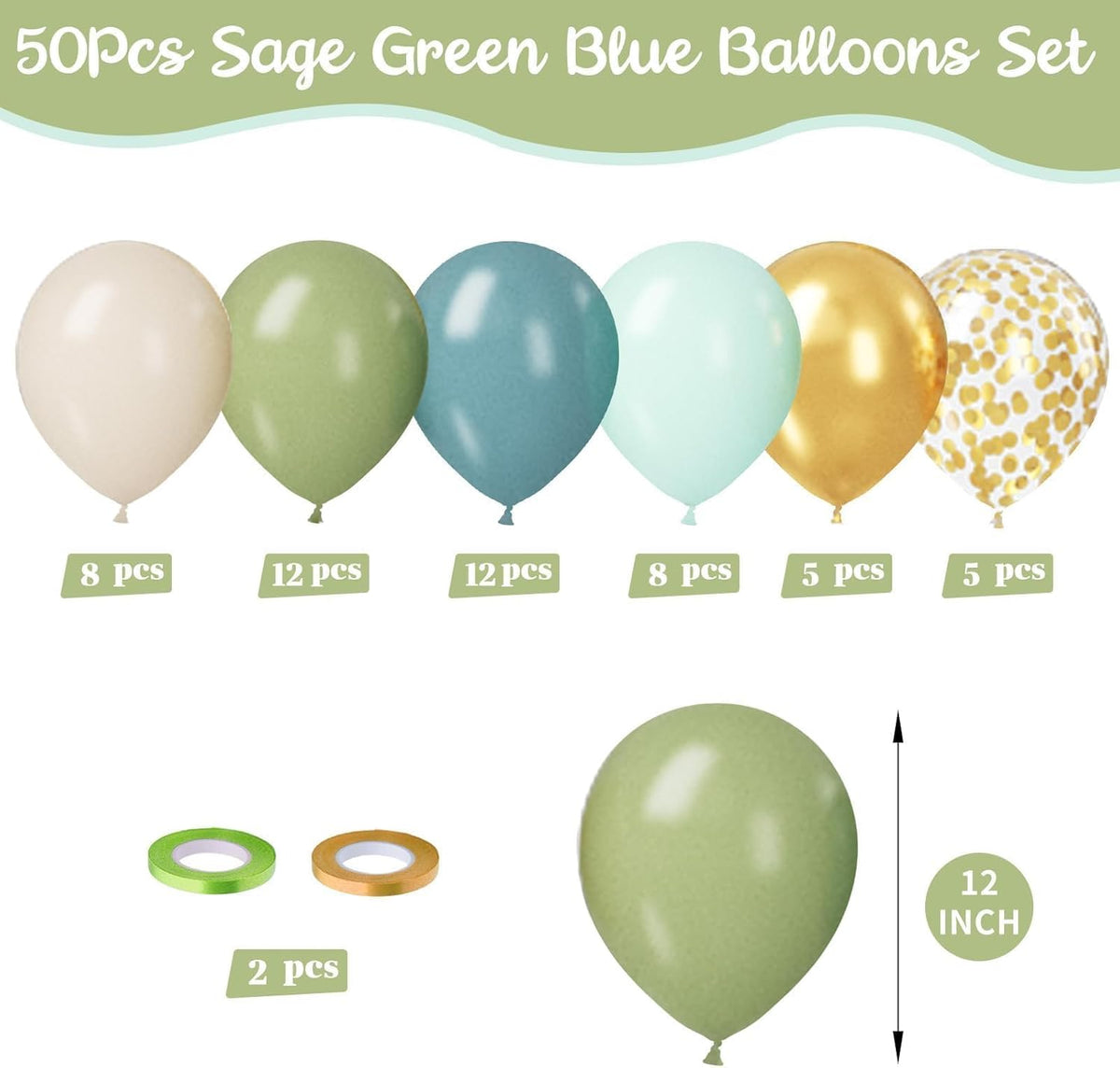 Paready Sage Green and Dusty Blue Balloon Set, 50Pcs 12 Inch Metallic Confetti Gold Apricot