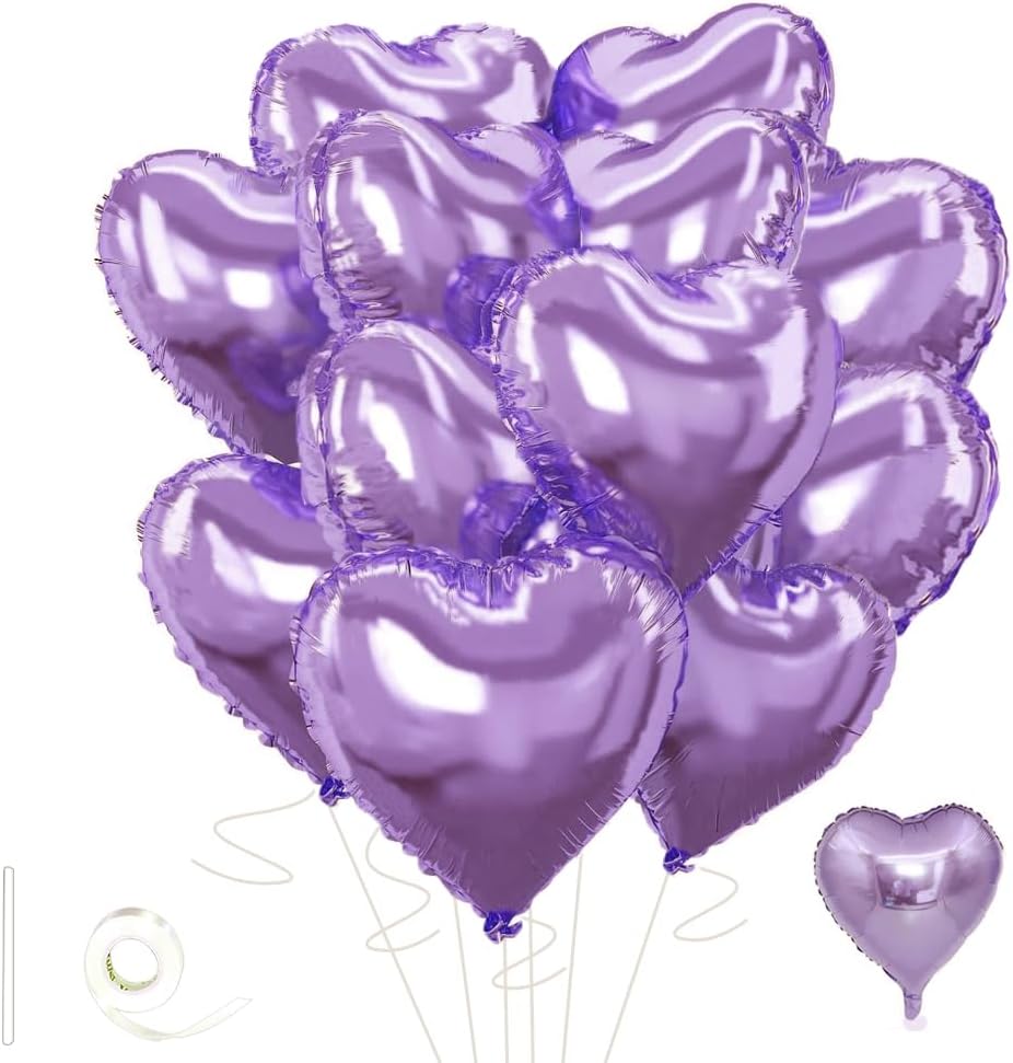 Light Purple Heart Balloons，18 Inch Light Purple Foil Mylar Love Heart Shaped Balloons for
