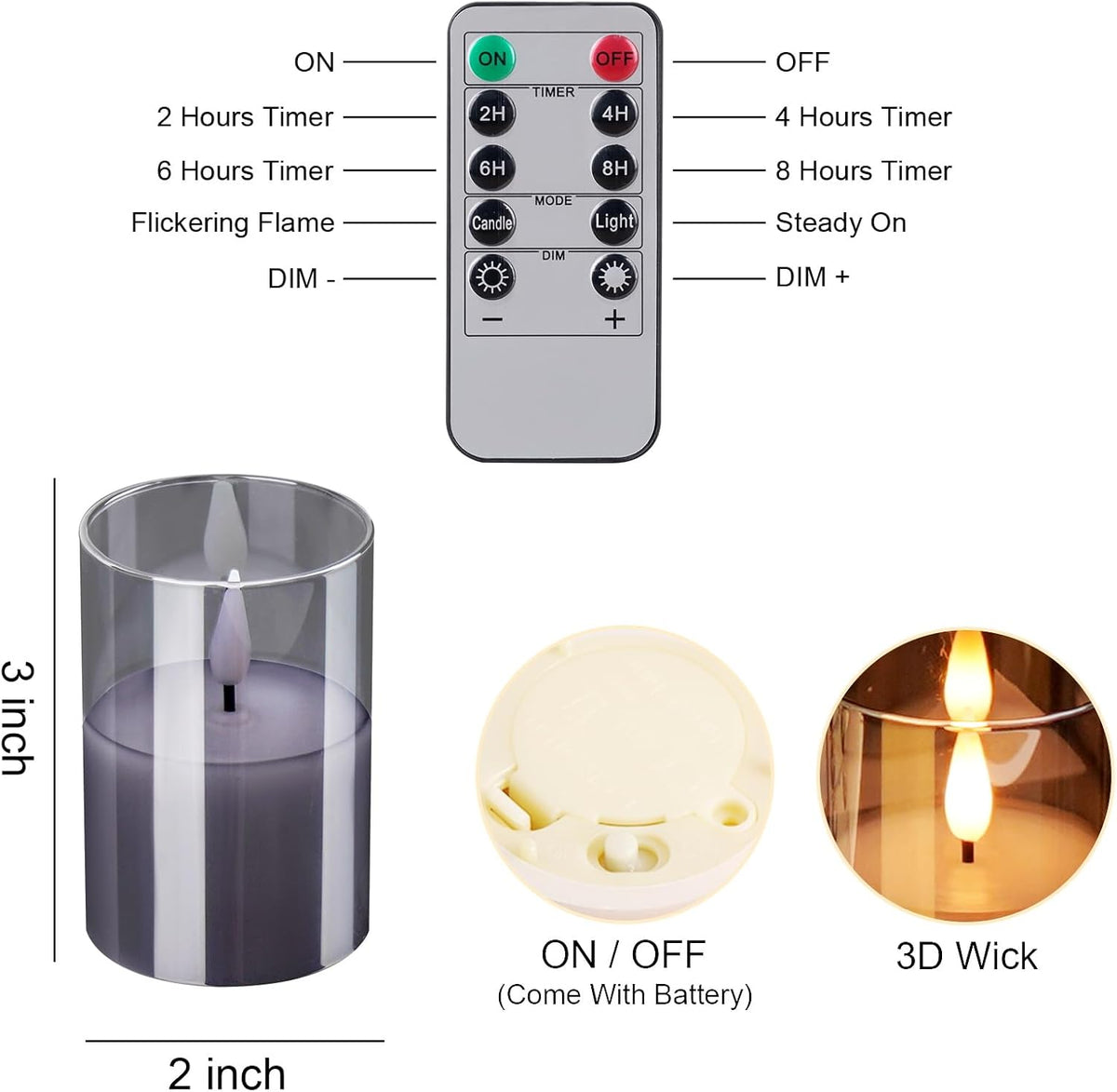 6Pack Glass Flickering Flameless Candles with Remote, 2"X3" Real Wax Votive Candles Battery