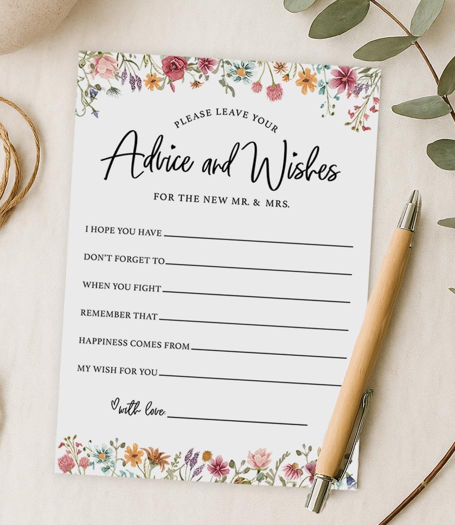 Printed Party Wedding Advice Cards – Wildflower Theme, Bridal Shower Games and Favors for Guests