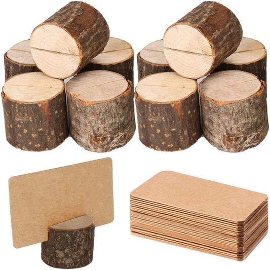 10Pcs Wood Place Card Holder Rustic Wood Table Numbers Holder with 20Pcs Kraft Table Place Cards