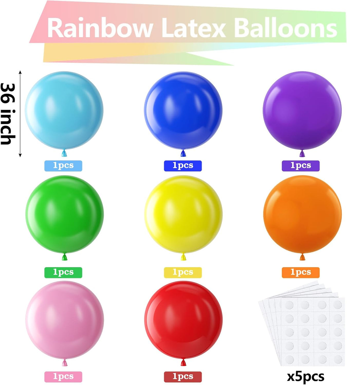 Bezente Assorted Rainbow Giant Balloons 36 Inch - 8 Pack Jumbo Multicolor Large Round Latex Balloon