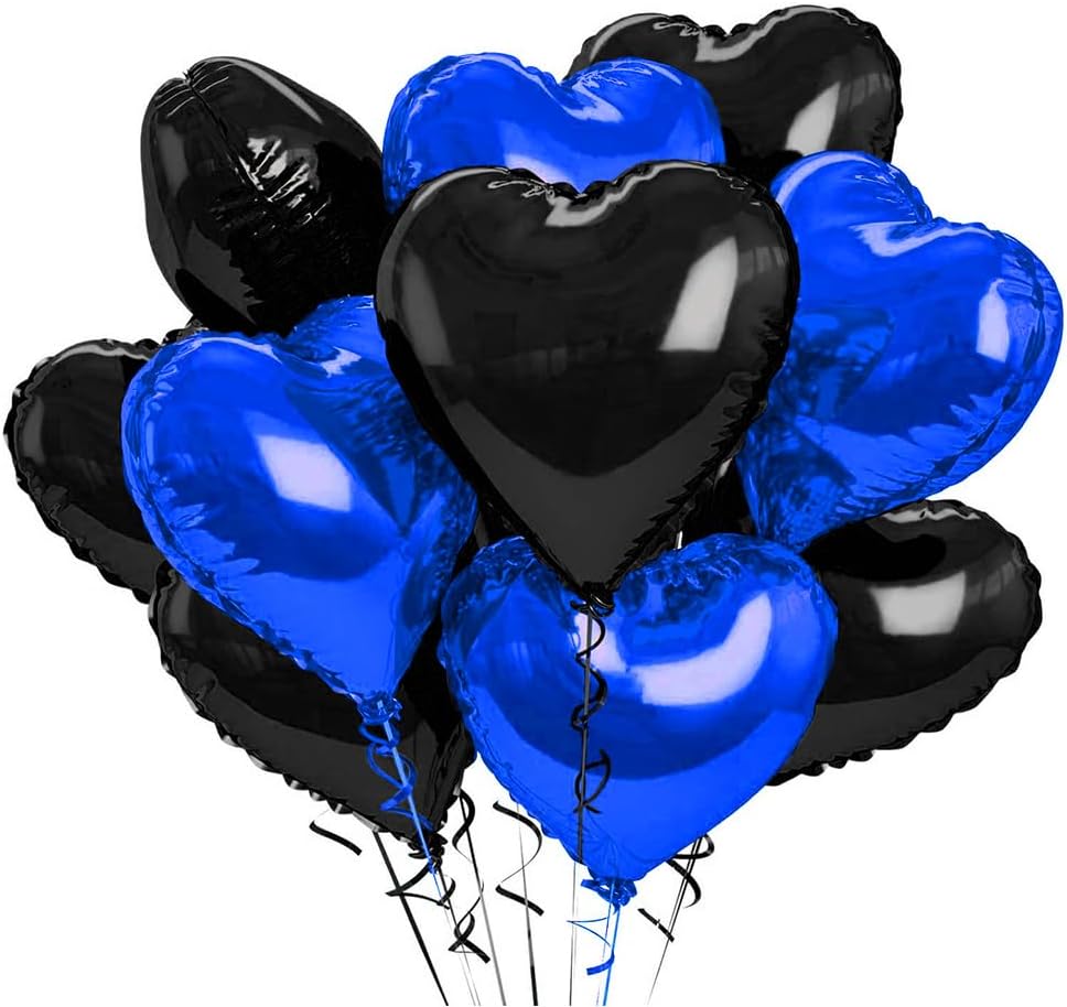12 pcs Black Blue Heart Foil Balloons,18 Inch Heart Shaped foil Balloon Love balloons for Wedding