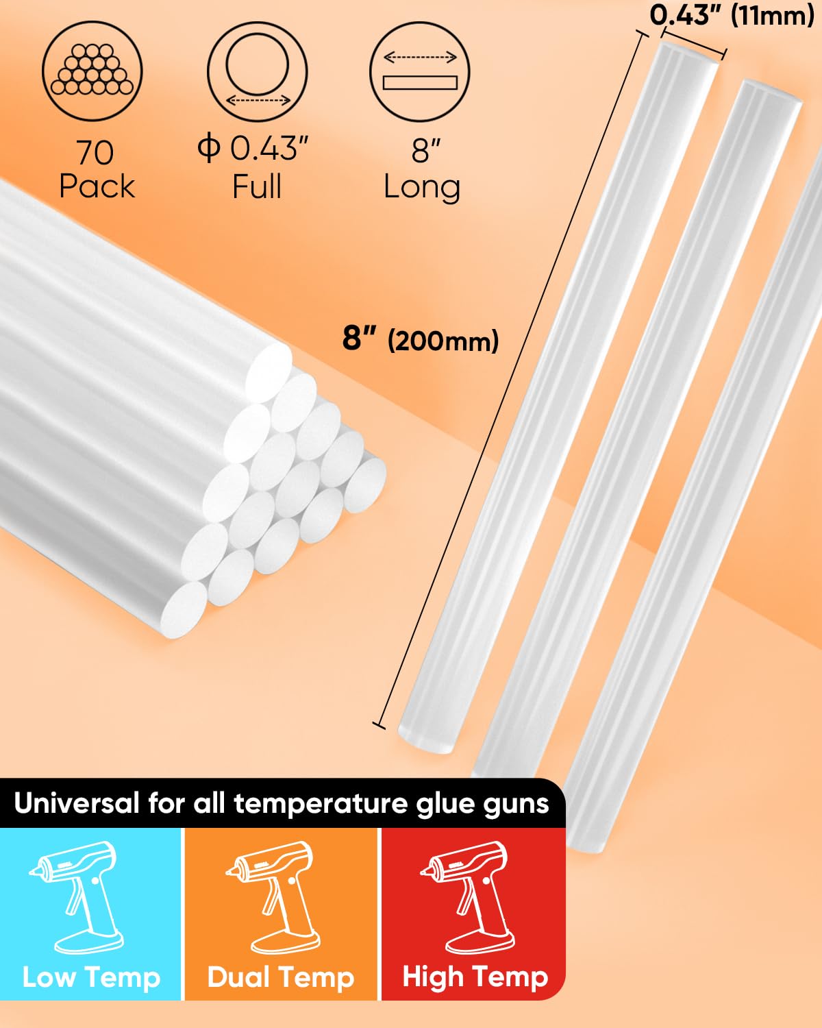 SHALL Full Size Hot Glue Sticks, 0.43??Dia x 8??Long, 70-Pack Clear Hot Melt Glue Gun Sticks for