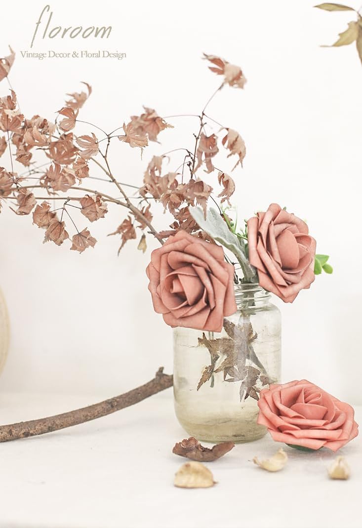 Floroom Artificial Flowers 25pcs Real Looking Dusty Pinky Cedar Foam Fake Roses with Stems for DIY