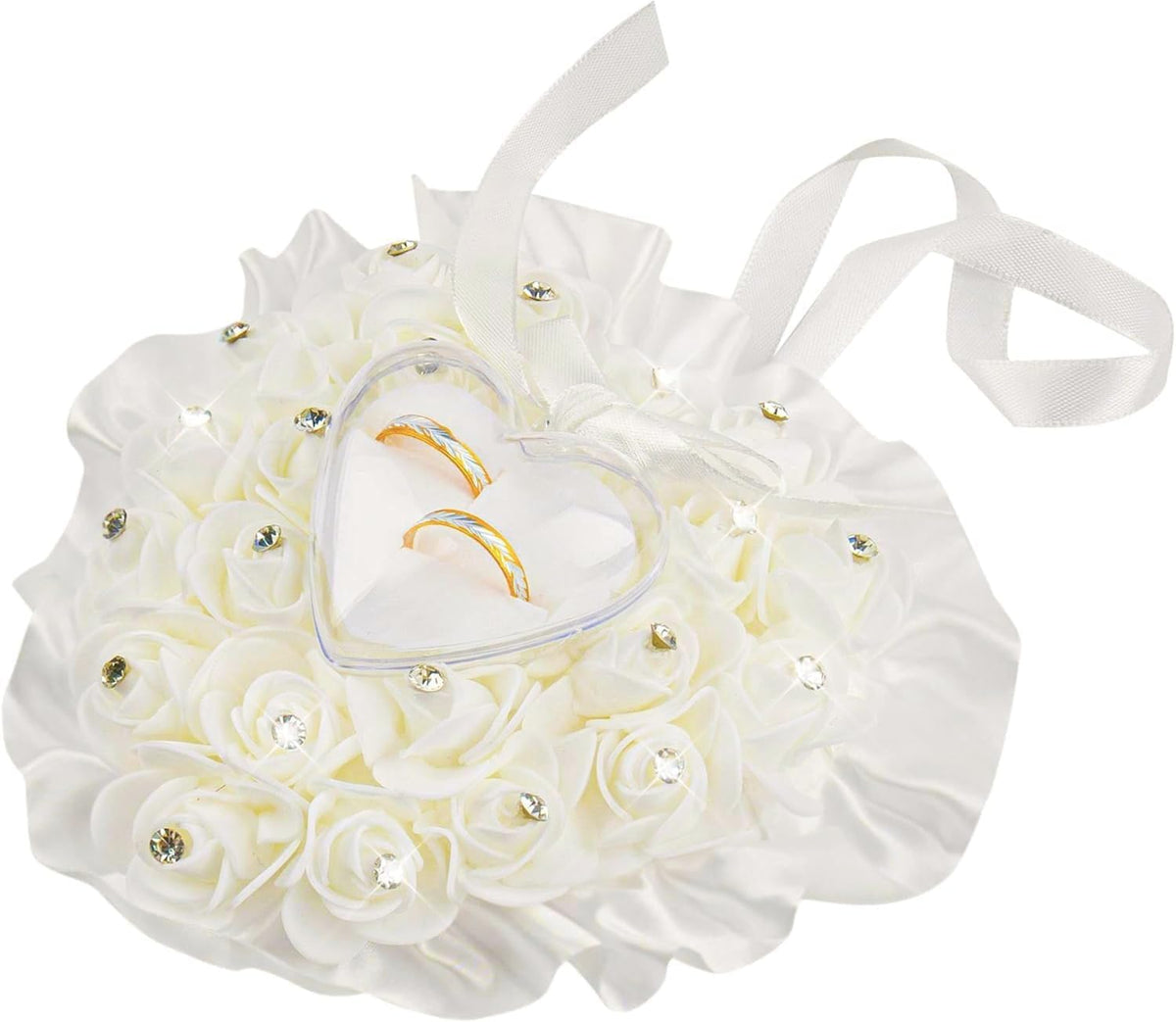 AUEAR, White Wedding Ring Holder Pillow Heart Shape Lace Rose Flower Rhinestone Crystal Box for
