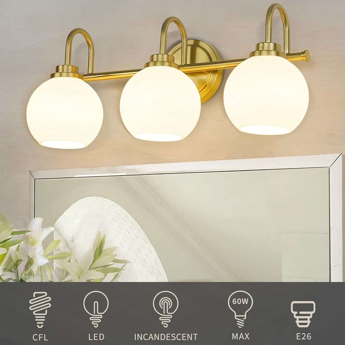 Gold Bathroom Light Fixtures, 3 Light Gold Modern Bathroom Light Fixtures Over Mirror with White