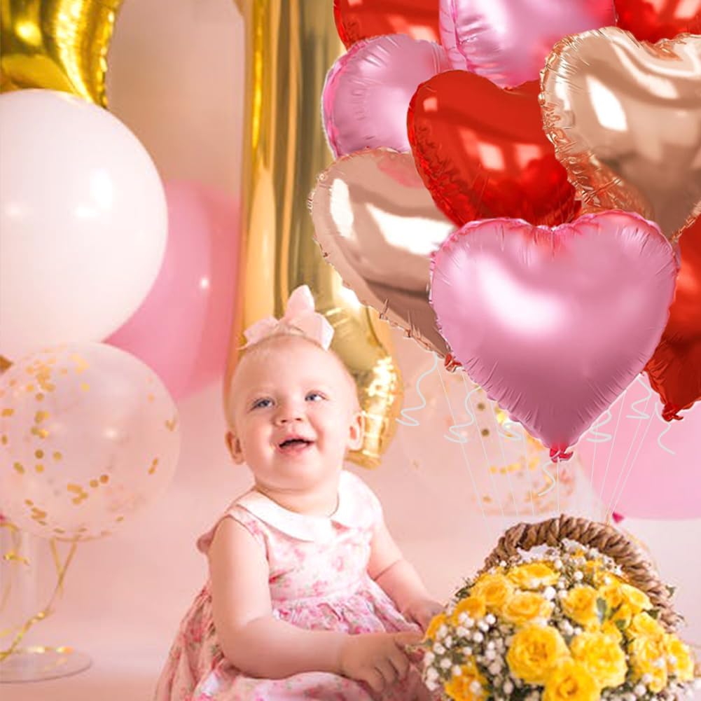 Rose Gold & Red Heart Balloons，18 Inch Light Pink Foil Love Heart Shaped Balloons for Anniversary