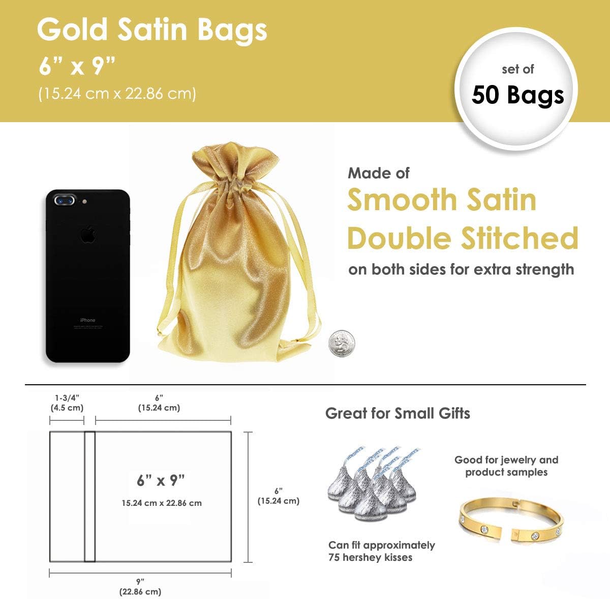 6" x 9" Gold Satin Gift Bags, Jewelry Bags, Wedding Favor Drawstring Baby Shower Christmas 50 per