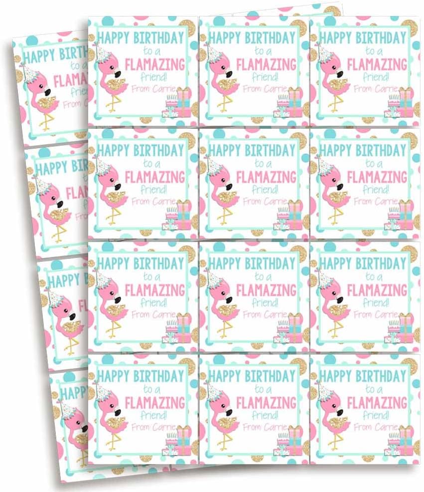 Custom & Personalized FLAMAZING Flamingo Happy Birthday Gift Tag Sticker Labels, 24 2.5" Square