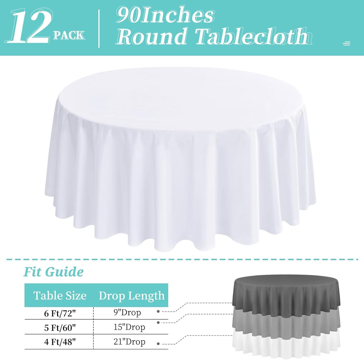 12 Pack Round Tablecloth 90 Inch - White Polyester Tablecloth for Round Table, Premium Stain and