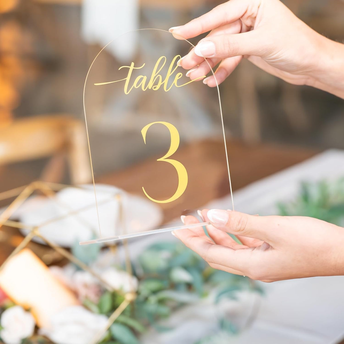 Clear Arch Acrylic Table Numbers for Wedding Reception - 5" x 7" Gold Font Centerpiece Set with