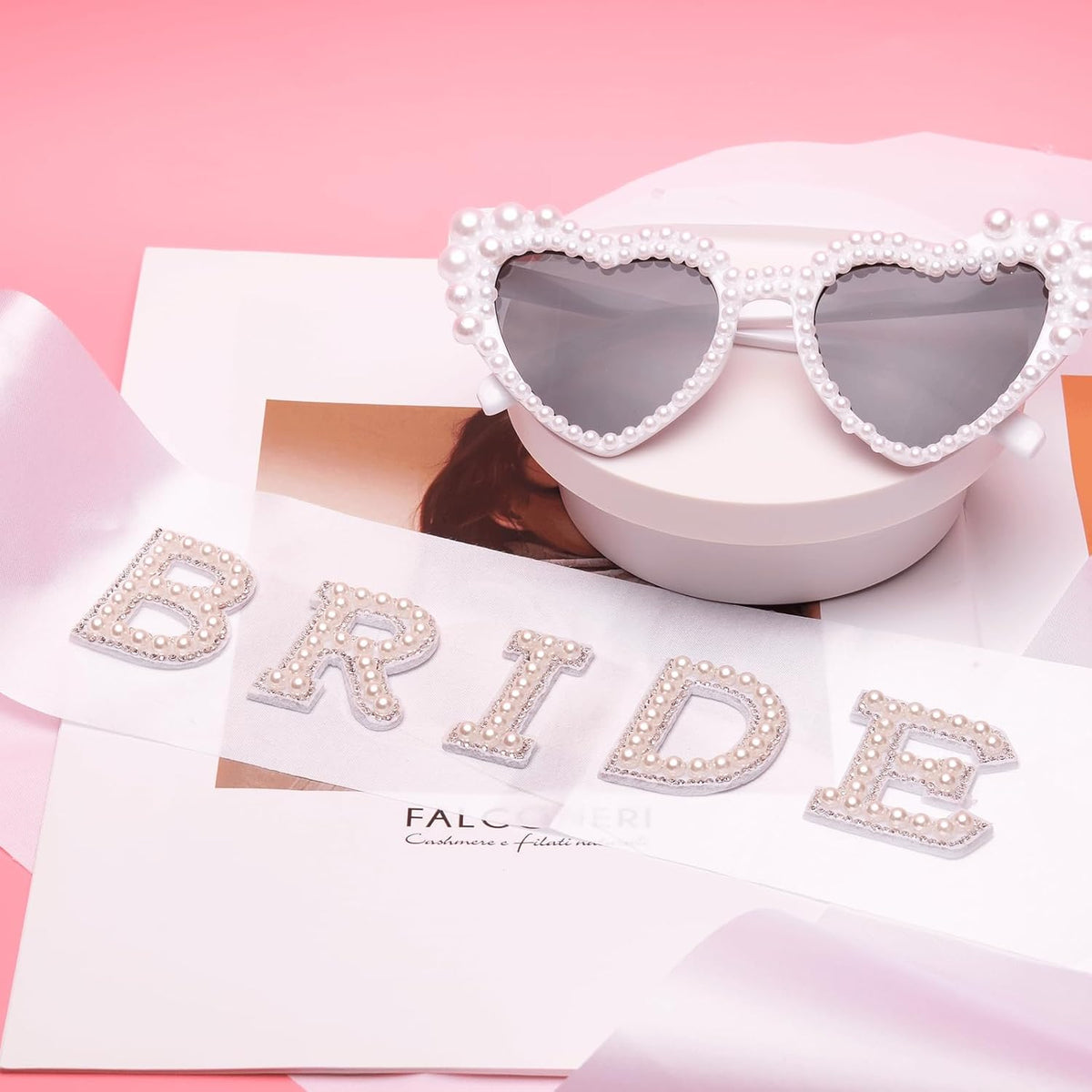 Pearl Bride Sunglasses with Sash - White Heart Sunglasses for Bachelorette Party Decorations Bridal