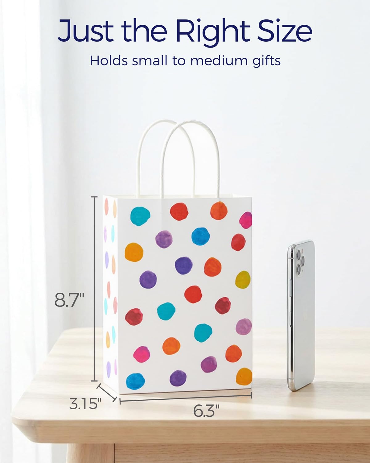 SUNCOLOR 24 Pack Small Paper Gift Bags, Colorful Polka Dot Design, 8.7 x 6.3 x 3.15 Inch, with