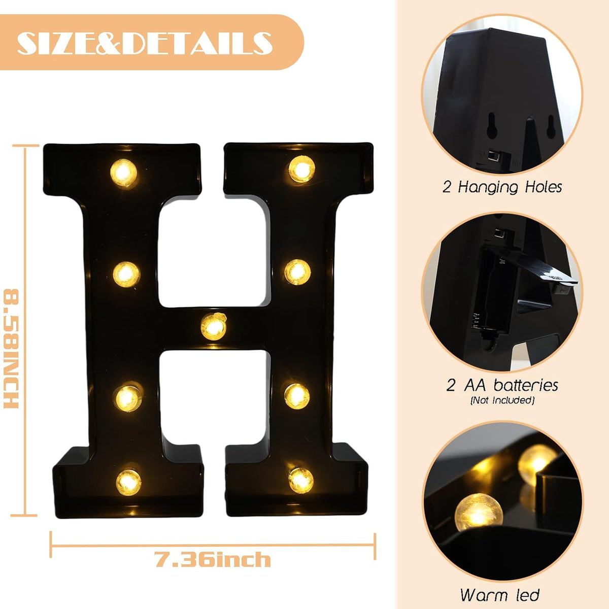 Led Marquee Letters, 8.58 Inch Black Light Up Letters, Small Led Letter Lights, Battery Powered