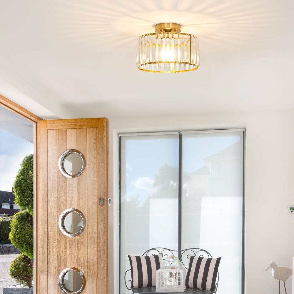 Crystal Ceiling Light Fixture, Modern Semi Flush Mount Ceiling Light, Gold Hallway Lighting