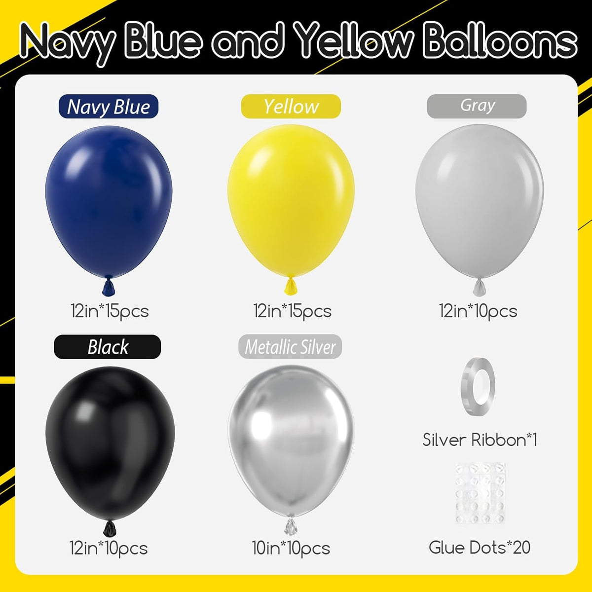 60pcs Black and Yellow Balloons 12inch with Navy Blue Yellow Gray Metallic Silver Balloons for Baby