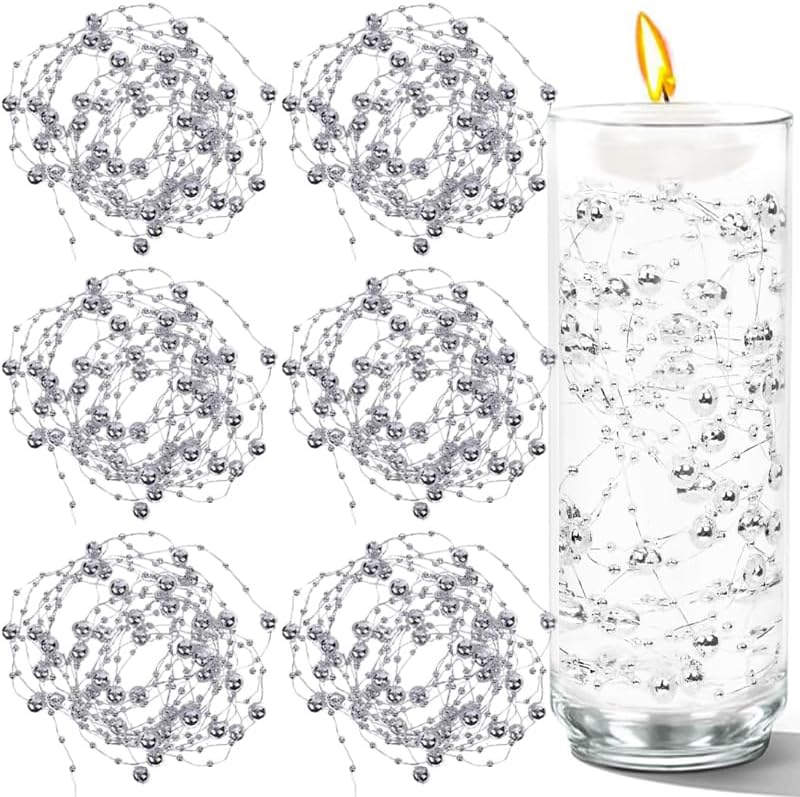 100 PCS Artificial Floating Beads for Centerpieces Vases, Silver 8+3mm String Beads for Wedding