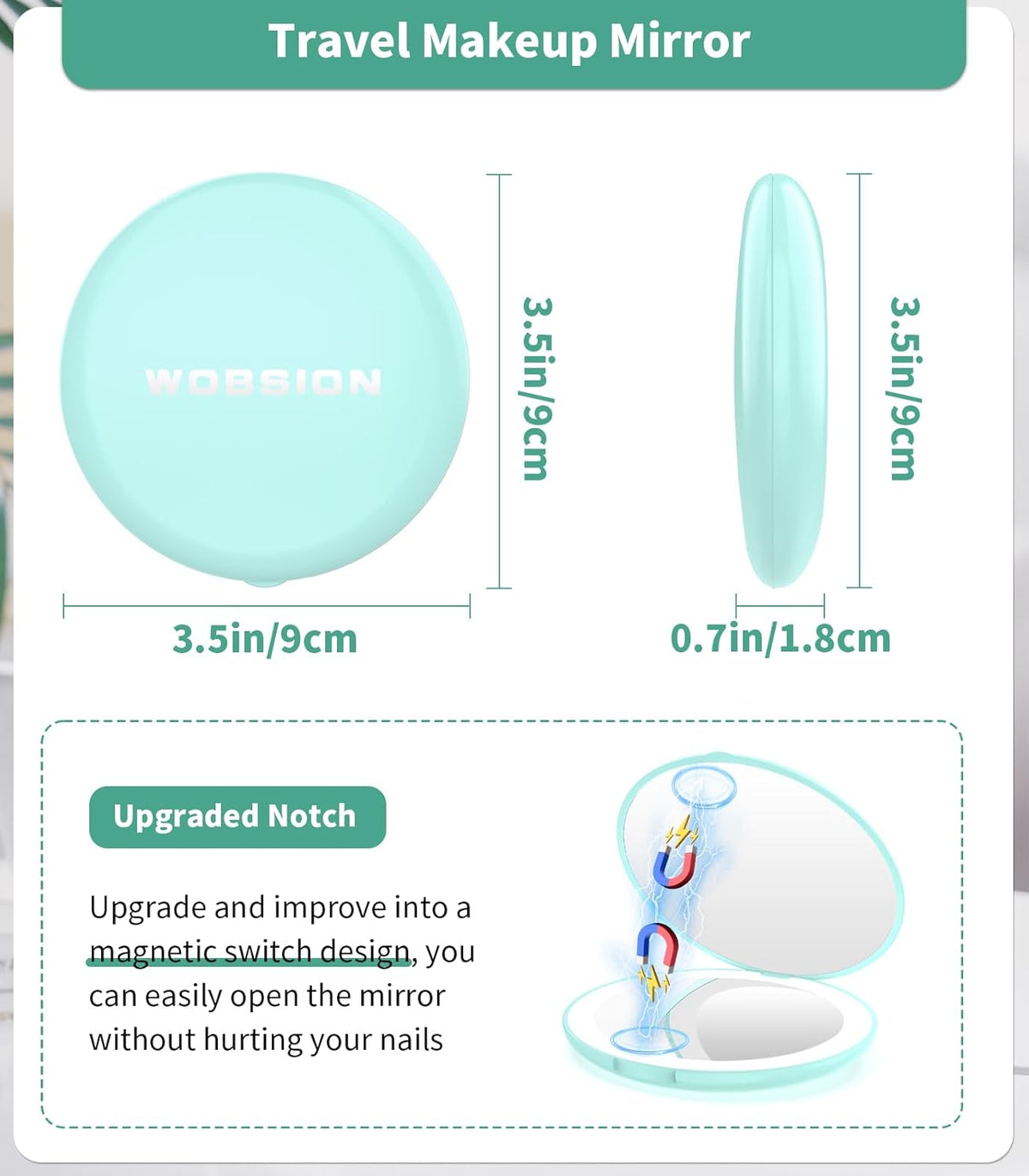 WOBSION LED Lighted Travel Makeup Mirror, 1x/10x Magnification, Compact, Portable for Handbag