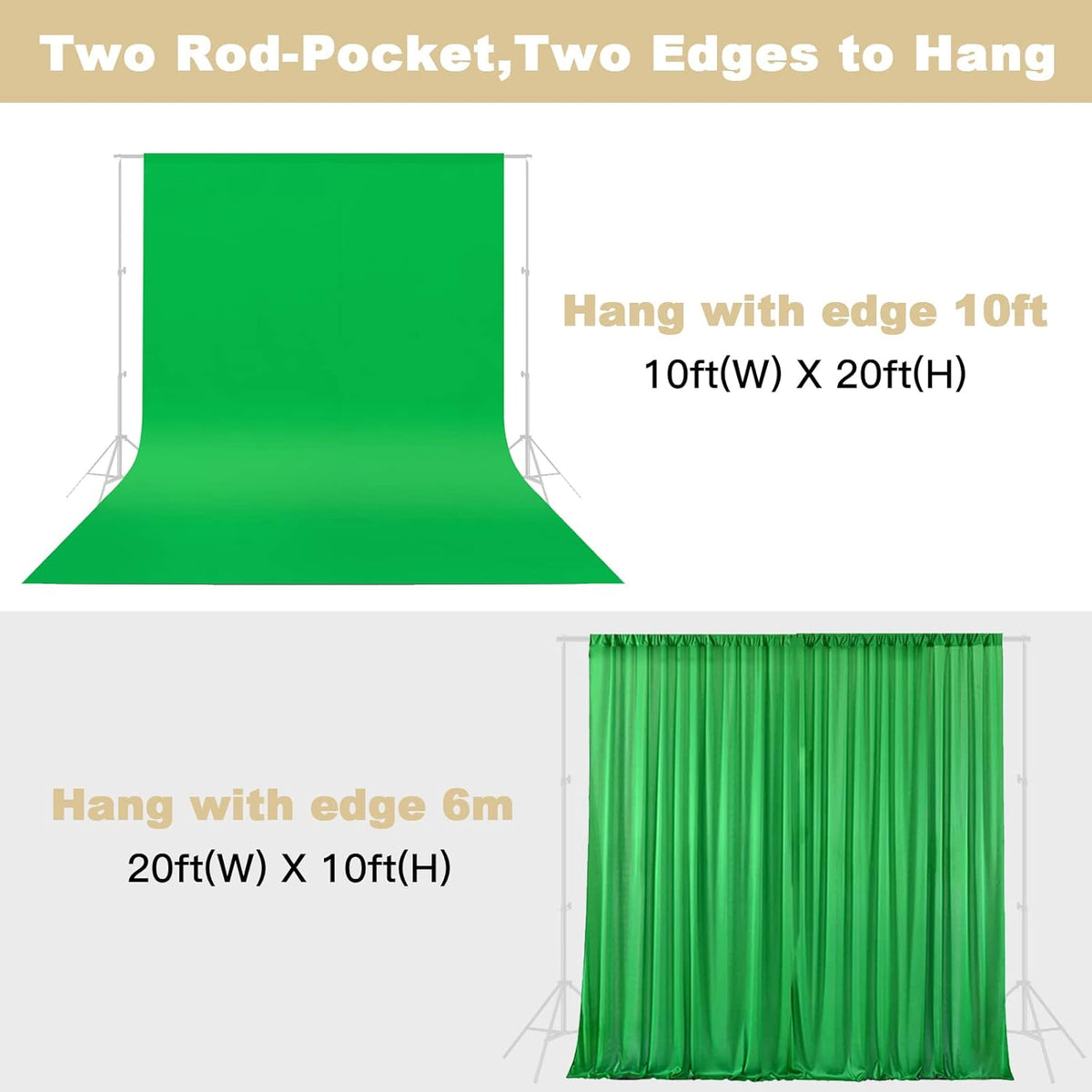 10X20ft Large Green Screen Backdrop for Photography, LCUIRC Two Rod Pocket Chromakey Collapsible