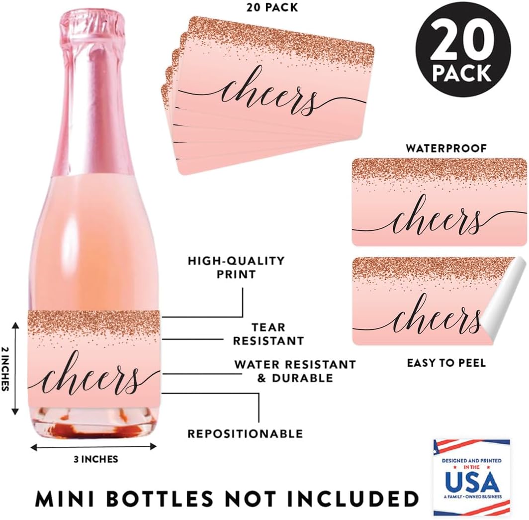 Andaz Press Mini Champagne Wine Bottle Labels, Cheers!, Blush Pink Faux Rose Gold Glitter Elegant