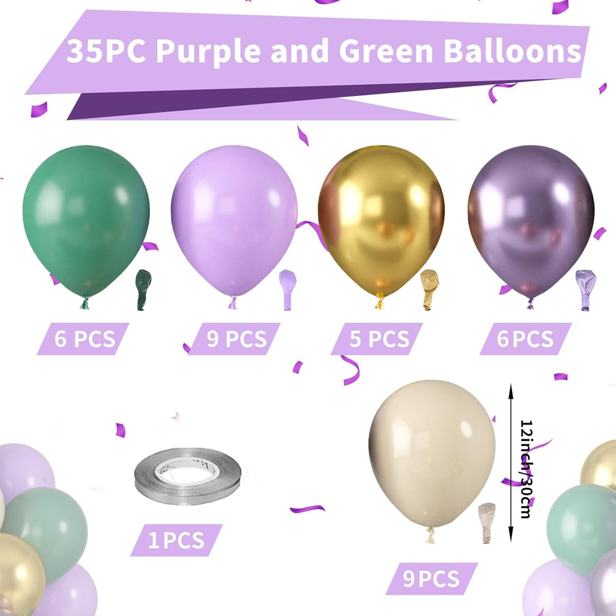 Purple and Sage Green Balloons, Purple Lavender Sage Balloon Cream White Gold Balloons, Light