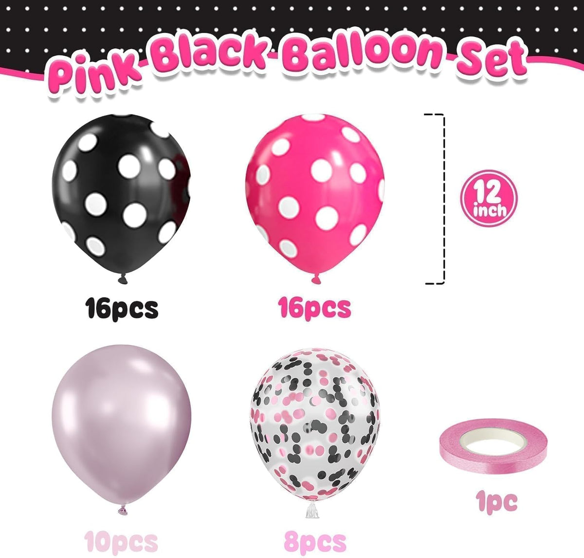 Pink and Black Balloons,50Pcs 12 Inch Hot Pink White Black Dots Metallic Pink Latex Balloons,for