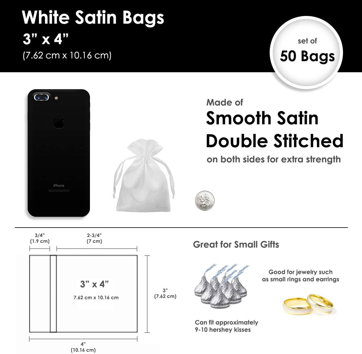 3" x 4" White Satin Gift Bags, Jewelry Bags, Wedding Favor Silky Drawstring Baby Shower Christmas
