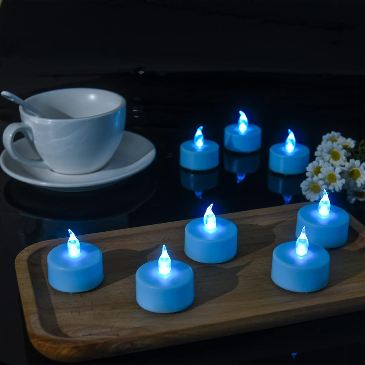 LED Tea Lights Candles- 50PACK Blue Flameless Candles Realistic and Bright Flickering Long Lasting