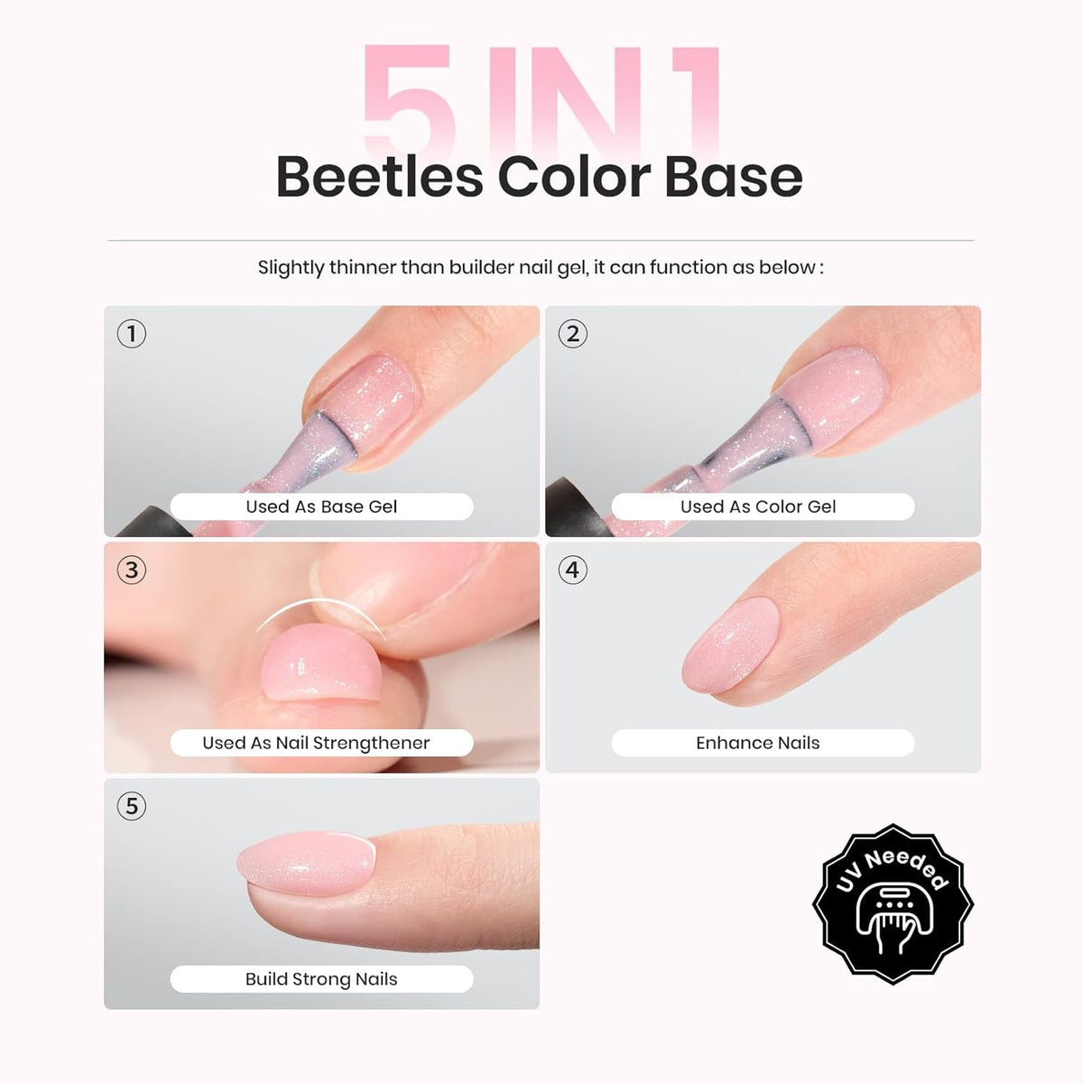 Beetles Rubber Base Color Gel Nail Polish Set 6 Colors Glitter Nude Pink Color Base 5 in 1 White