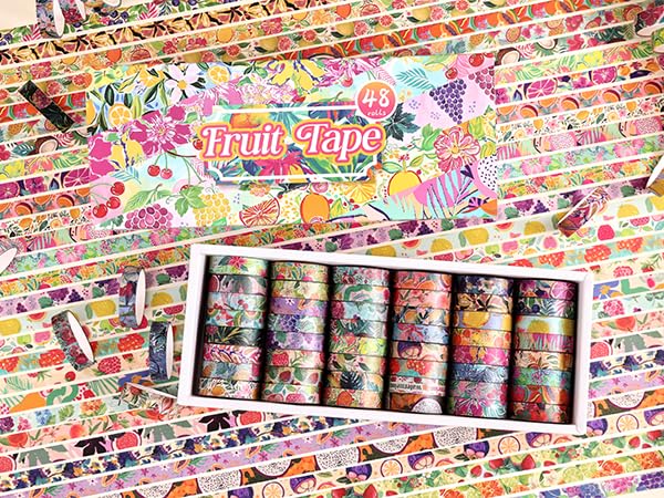 48 Rolls Fruit Theme Washi Tape Set, Writable Decorative Tapes for Scrapbooking, Bible Journaling