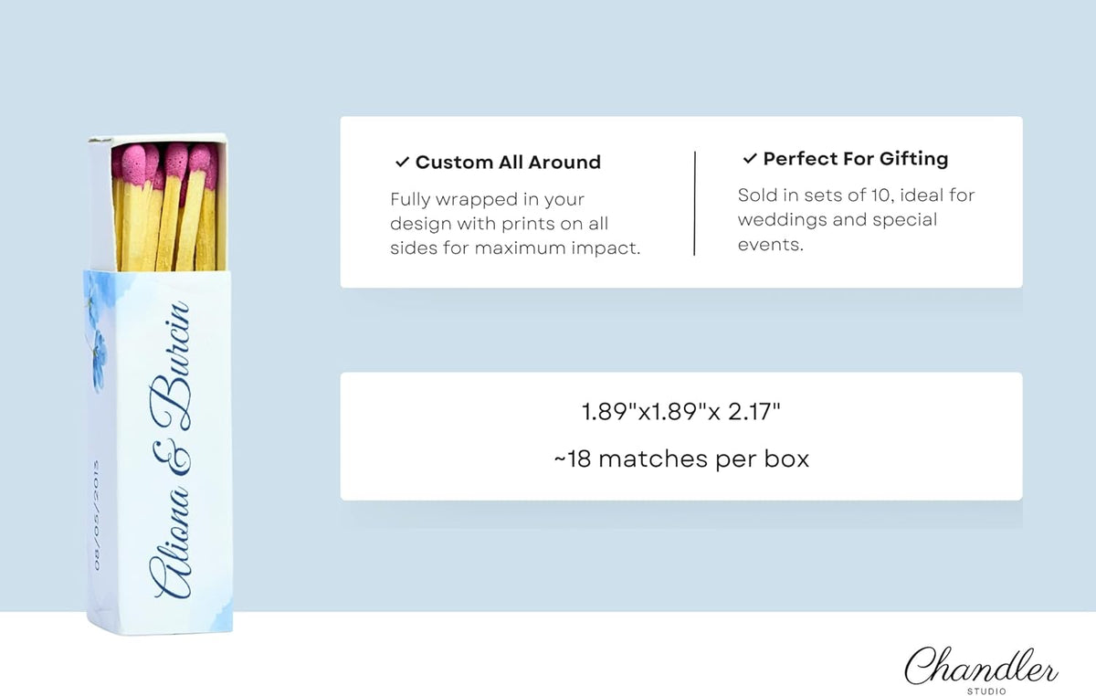 Custom Matchboxes - Set of 10 - Personalized - 2" Inch Long - Colorful Matchsticks - Weddings