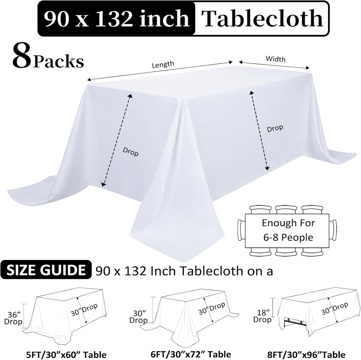 8 Pack White Table Cloth 90 x 132 Inch Rectangular Tablecloths for 6 Foot Rectangle Tables, Wrinkle