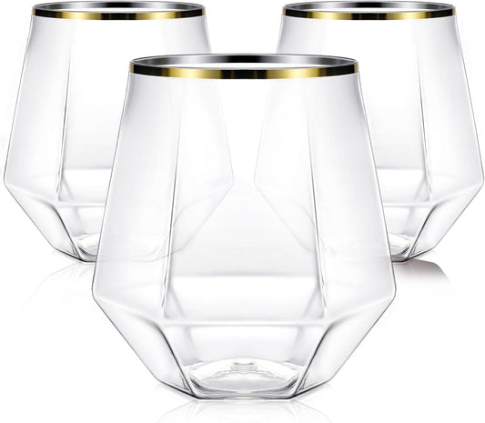 40 Pcak Plastic Stemless Wine cocktail Whiskey Champagne Glasses, 12 Oz Gold Rim Disposable Clear