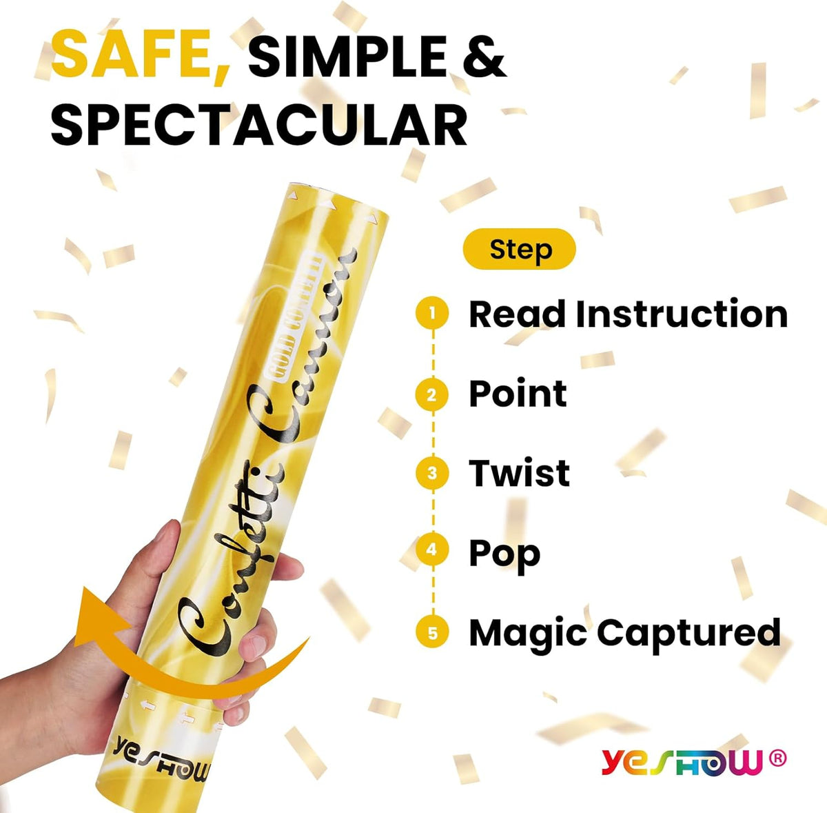 Confetti Cannon Party Poppers Gold,(6 pack) YESHOW Confetti Shooters Blaster for Birthday