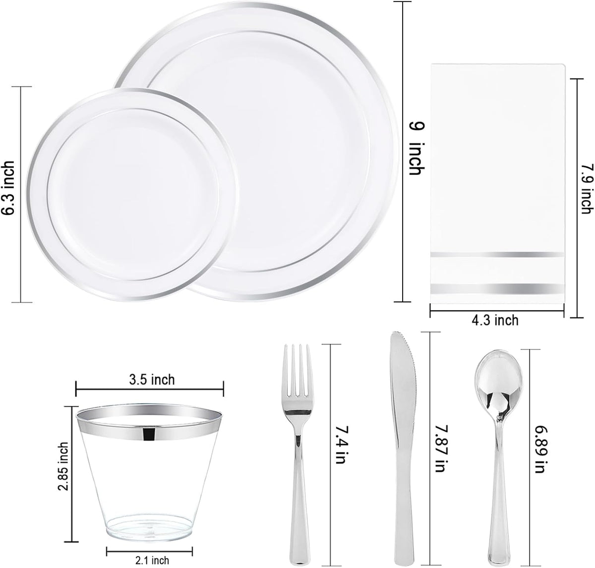 NOCCUR 700PCS Silver Plastic Plates Disposable for 100 Guests - Include 100 Dinner/Dessert White